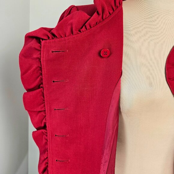 Tahari Crimson Red Ruffle Neck Military Button Coat Size 8 - Picture 9 of 13